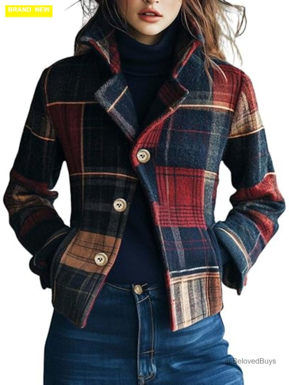 Crop Wool Blend Plaid Pea Coat Blazer Jacket